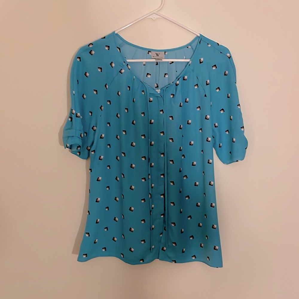 Turquoise office casual blouse with cute details at sleeve, hidden button front